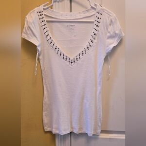 Express White Fitted Cap Sleeve Embellished Tee